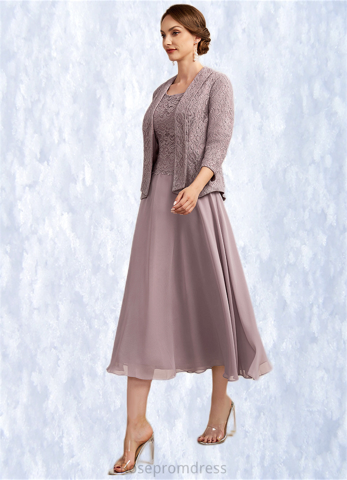 Rosalie A-Line Scoop Neck Tea-Length Chiffon Lace Mother of the Bride Dress SRS126P0014633