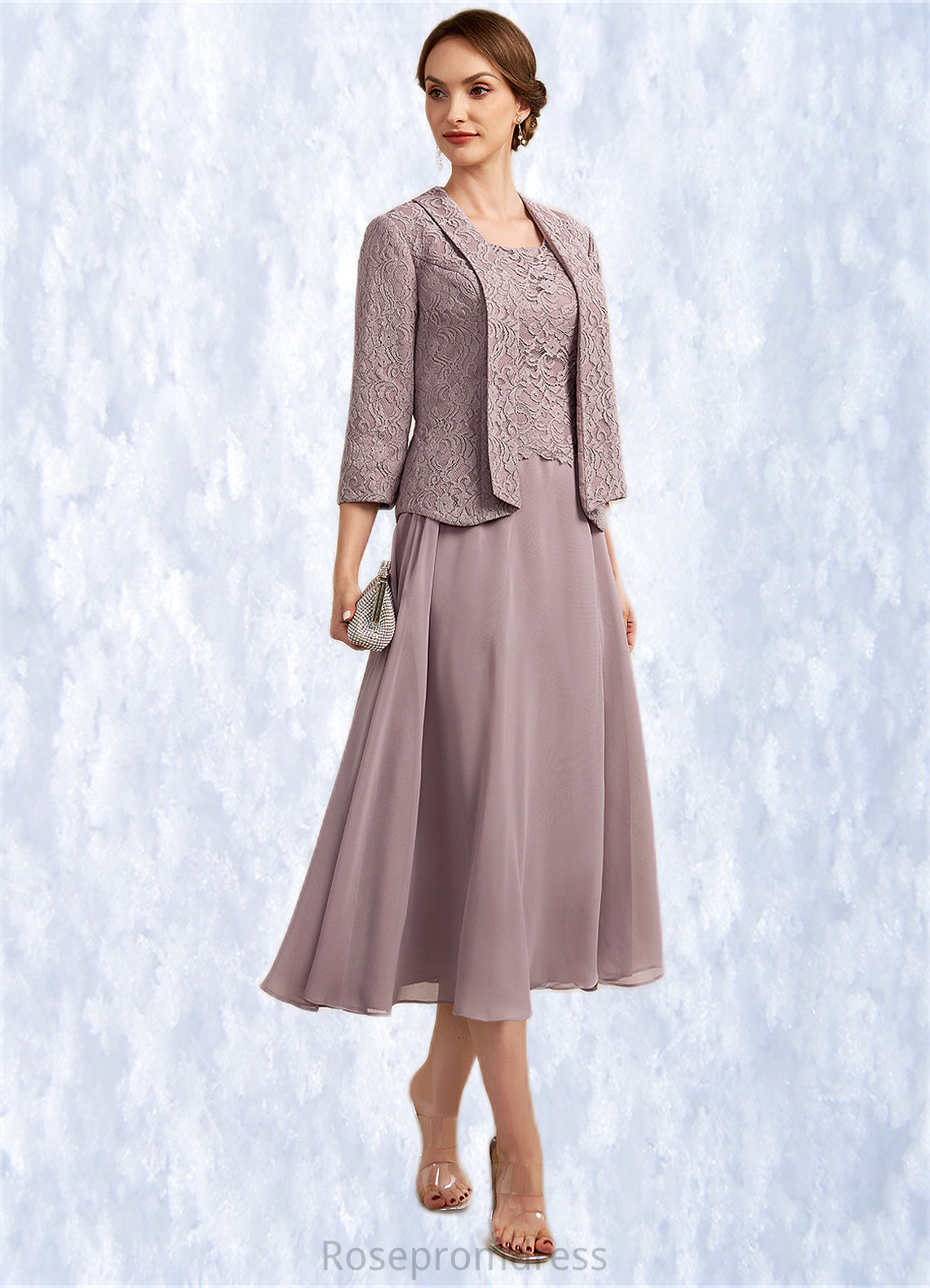 Rosalie A-Line Scoop Neck Tea-Length Chiffon Lace Mother of the Bride Dress SRS126P0014633