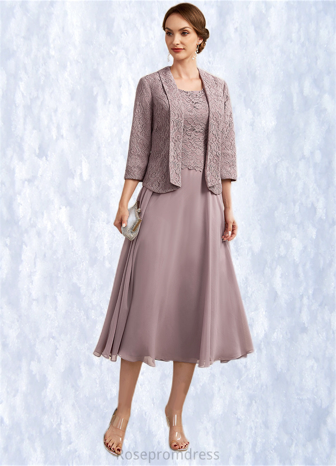 Rosalie A-Line Scoop Neck Tea-Length Chiffon Lace Mother of the Bride Dress SRS126P0014633