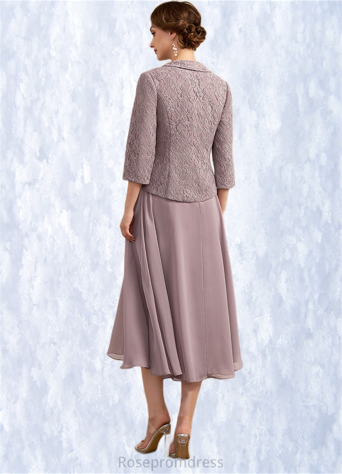Rosalie A-Line Scoop Neck Tea-Length Chiffon Lace Mother of the Bride Dress SRS126P0014633