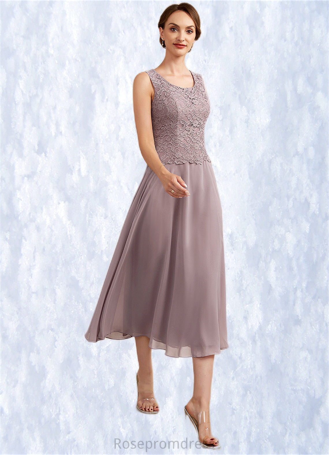 Rosalie A-Line Scoop Neck Tea-Length Chiffon Lace Mother of the Bride Dress SRS126P0014633