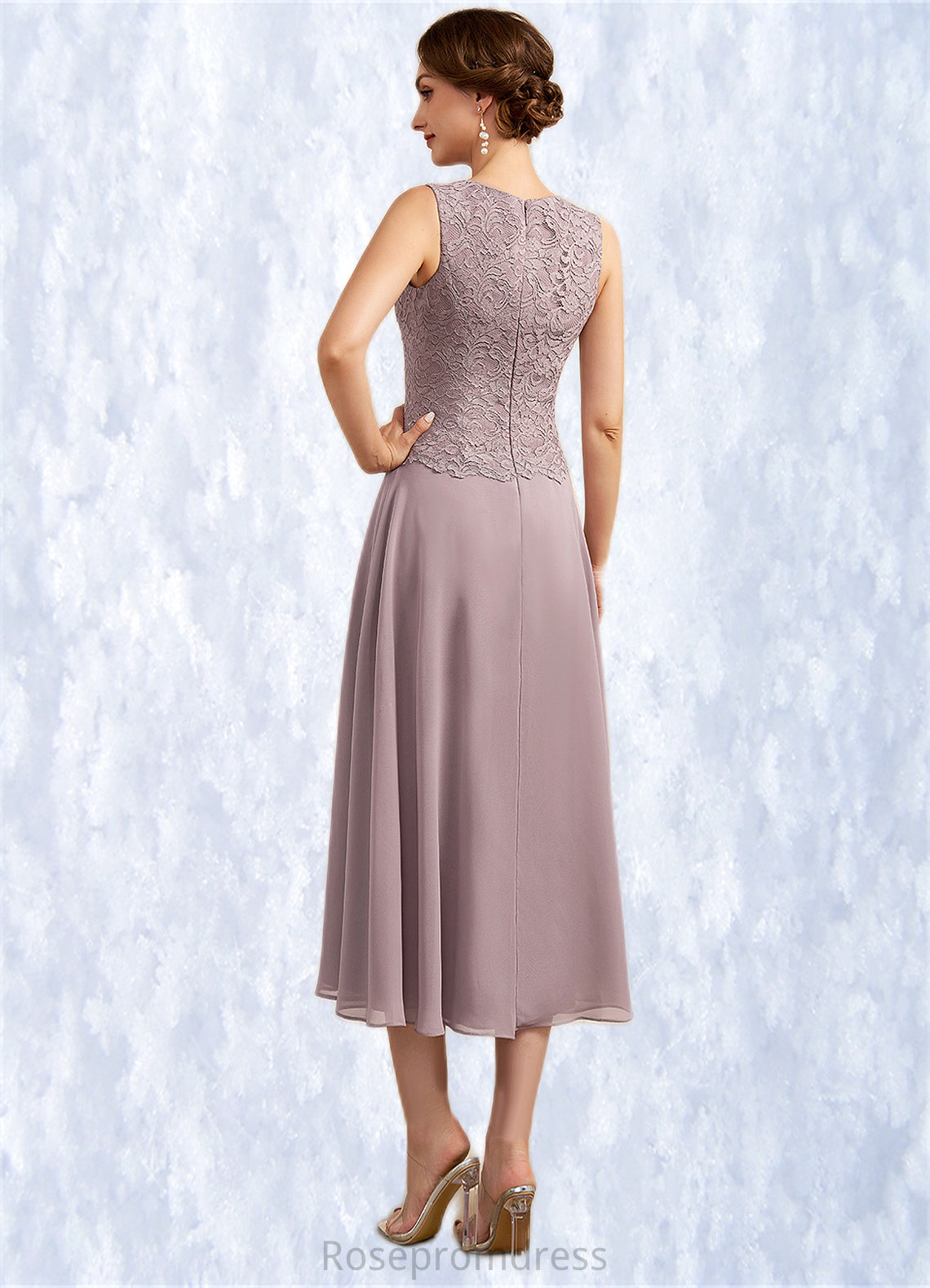 Rosalie A-Line Scoop Neck Tea-Length Chiffon Lace Mother of the Bride Dress SRS126P0014633