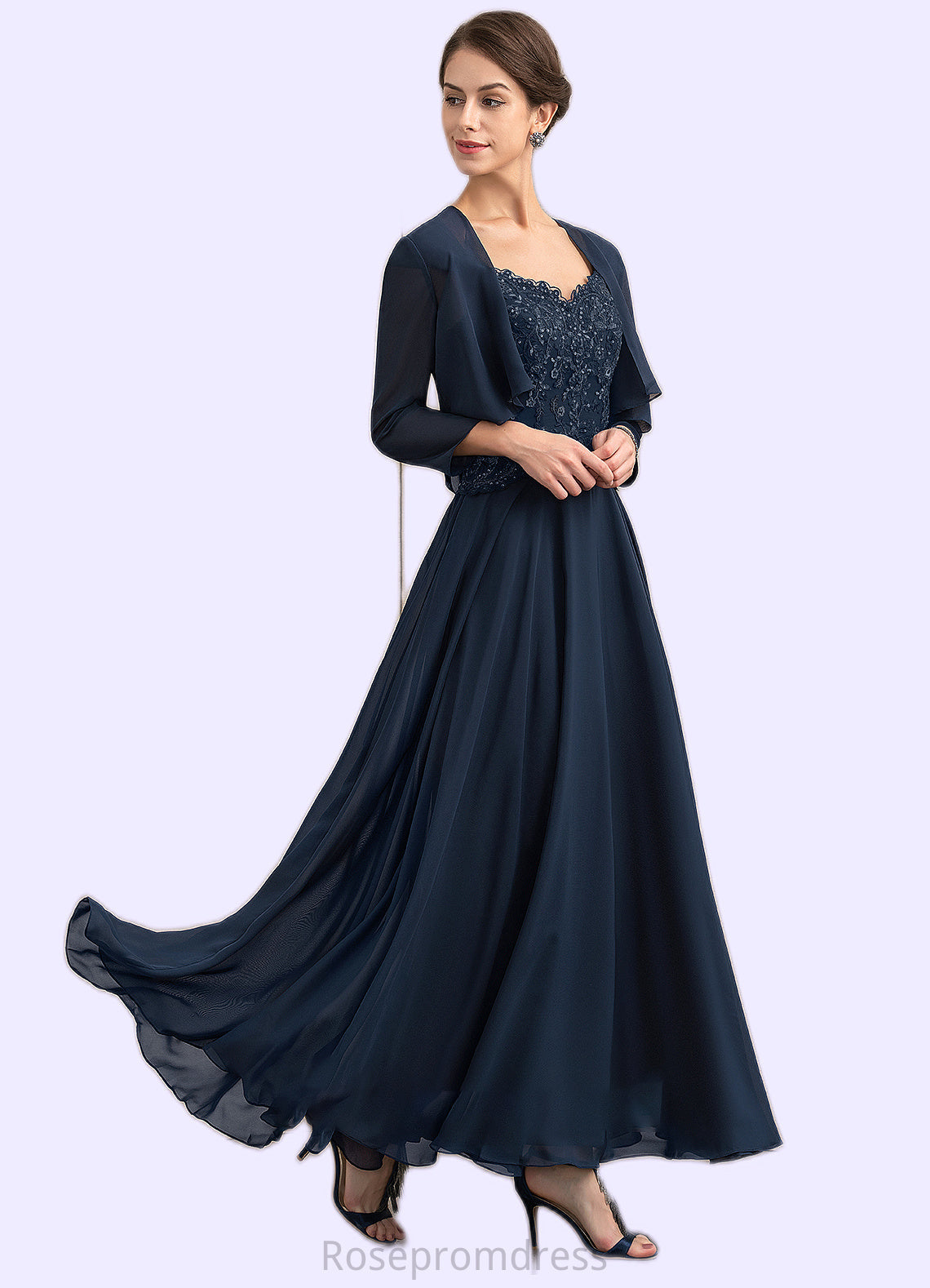 Hannah A-line V-Neck Ankle-Length Chiffon Lace Mother of the Bride Dress With Sequins SRS126P0014637