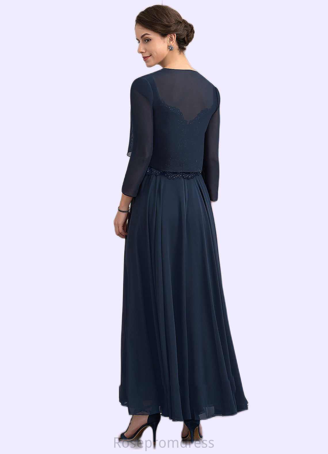 Hannah A-line V-Neck Ankle-Length Chiffon Lace Mother of the Bride Dress With Sequins SRS126P0014637