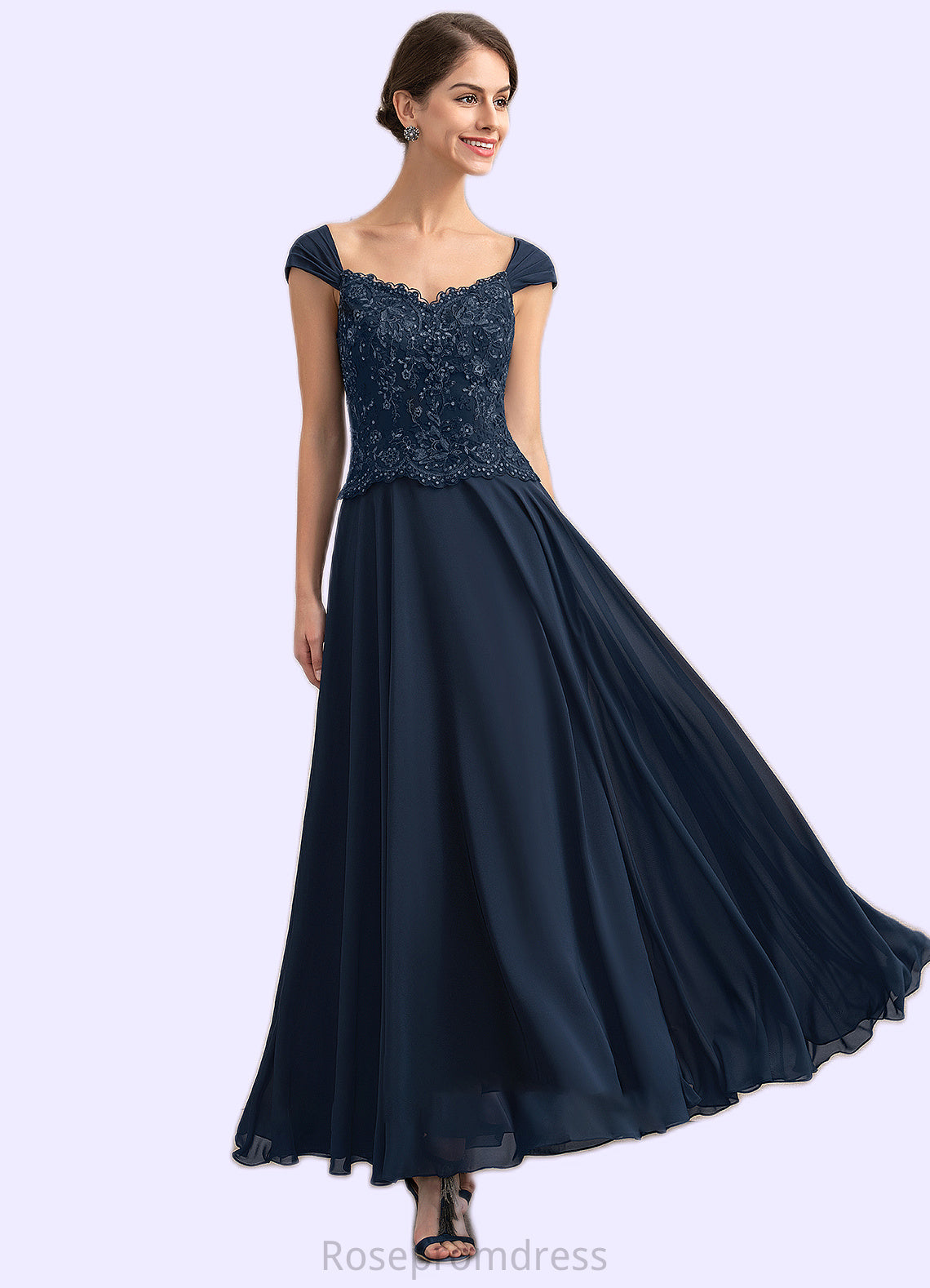 Hannah A-line V-Neck Ankle-Length Chiffon Lace Mother of the Bride Dress With Sequins SRS126P0014637