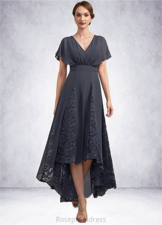 Abbie A-Line V-neck Asymmetrical Chiffon Lace Mother of the Bride Dress With Ruffle SRS126P0014638