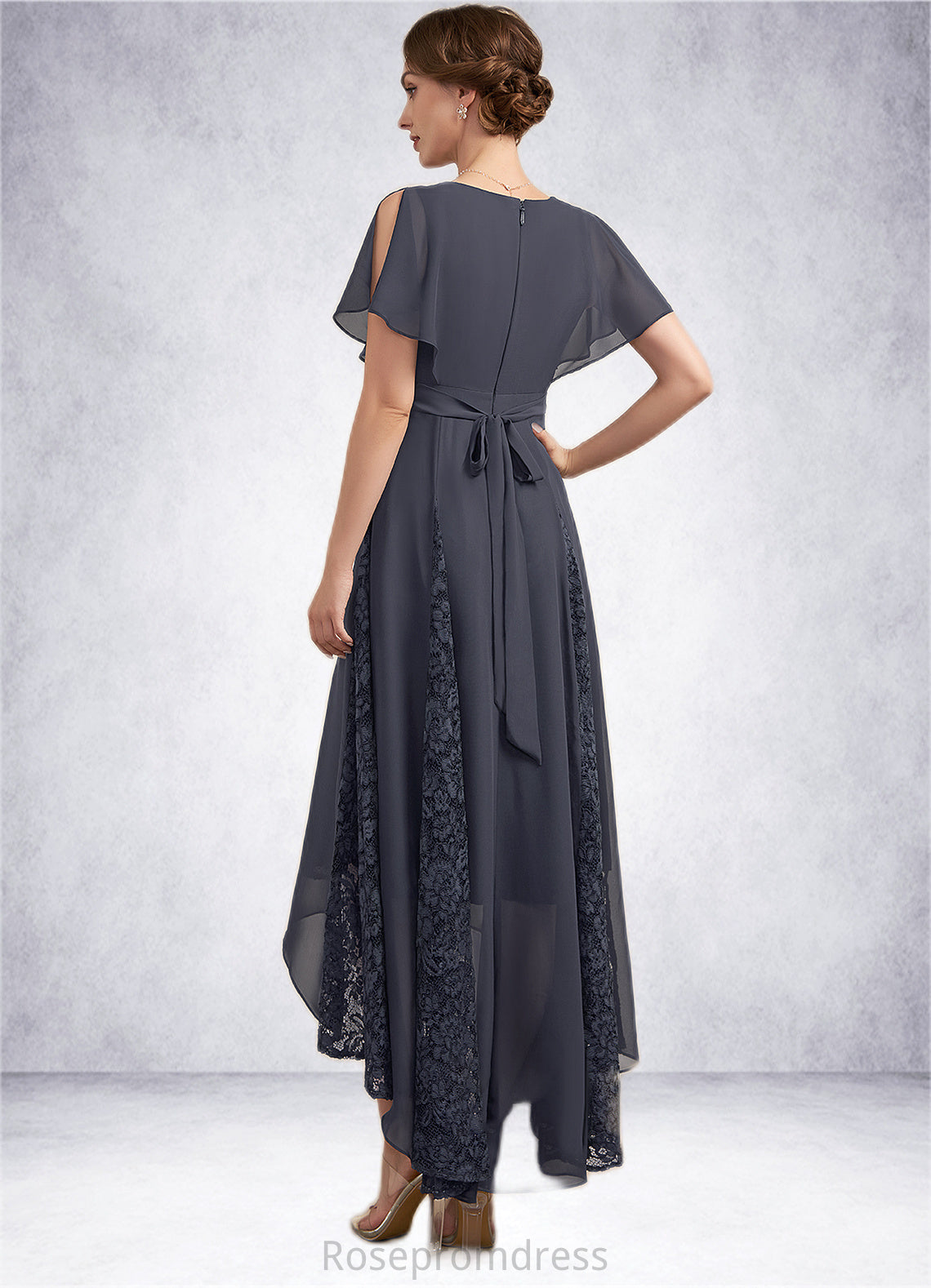 Abbie A-Line V-neck Asymmetrical Chiffon Lace Mother of the Bride Dress With Ruffle SRS126P0014638