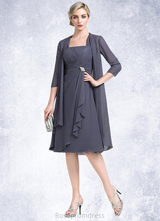 Izabella A-Line Square Neckline Knee-Length Chiffon Mother of the Bride Dress With Crystal Brooch Cascading Ruffles SRS126P0014639