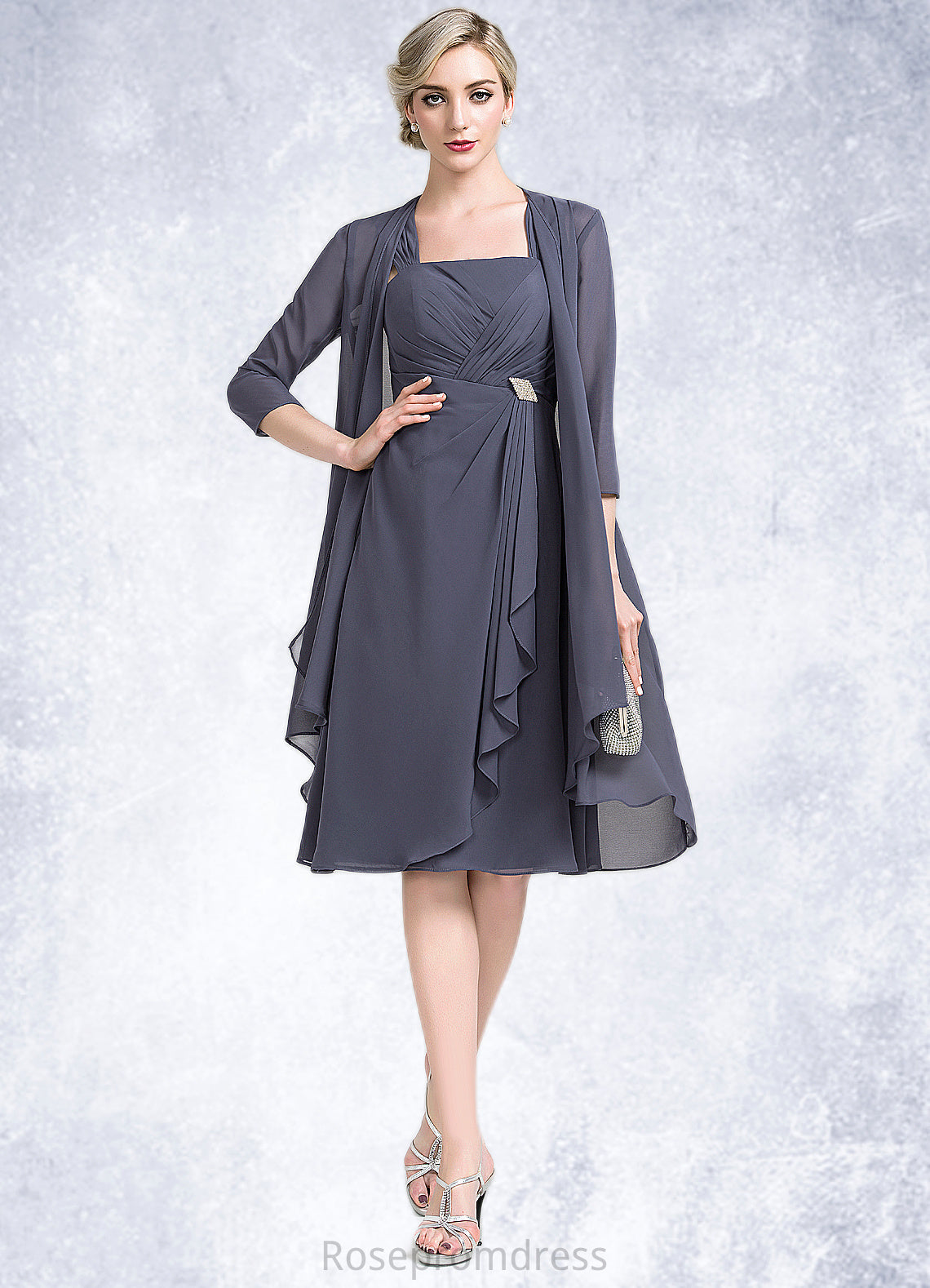 Izabella A-Line Square Neckline Knee-Length Chiffon Mother of the Bride Dress With Crystal Brooch Cascading Ruffles SRS126P0014639