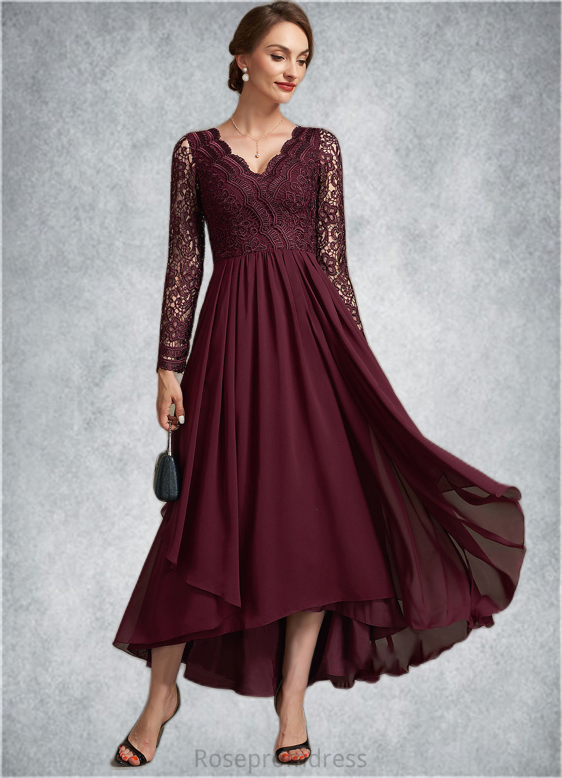 Nathalie A-line V-Neck Asymmetrical Chiffon Lace Mother of the Bride Dress SRS126P0014640