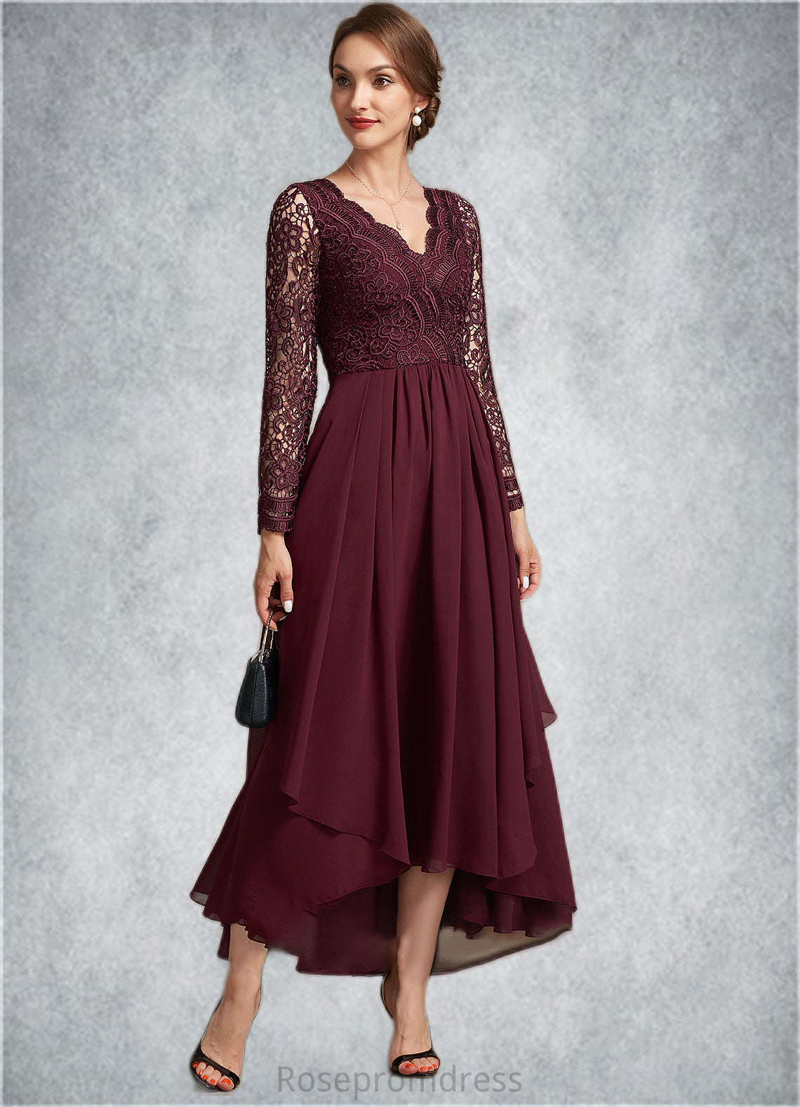 Nathalie A-line V-Neck Asymmetrical Chiffon Lace Mother of the Bride Dress SRS126P0014640