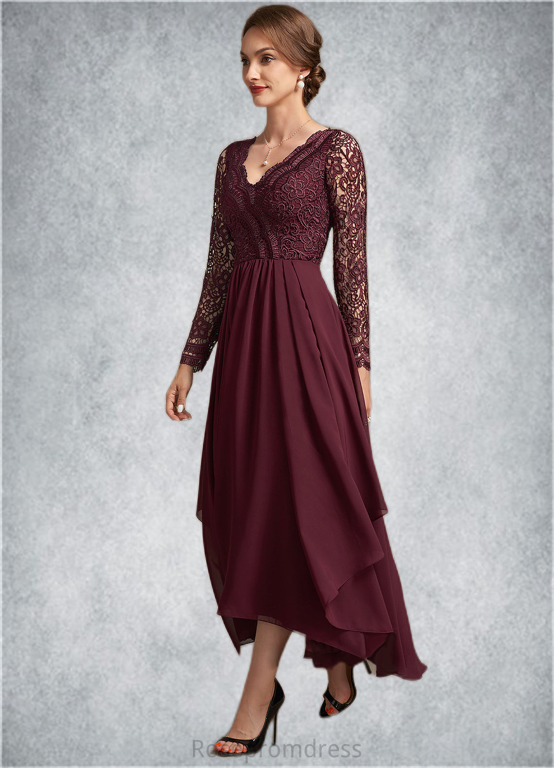 Nathalie A-line V-Neck Asymmetrical Chiffon Lace Mother of the Bride Dress SRS126P0014640