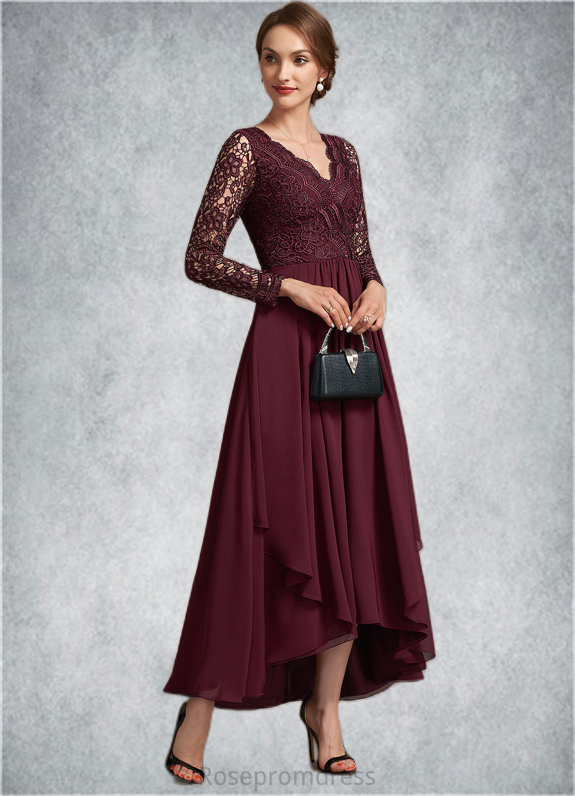 Nathalie A-line V-Neck Asymmetrical Chiffon Lace Mother of the Bride Dress SRS126P0014640