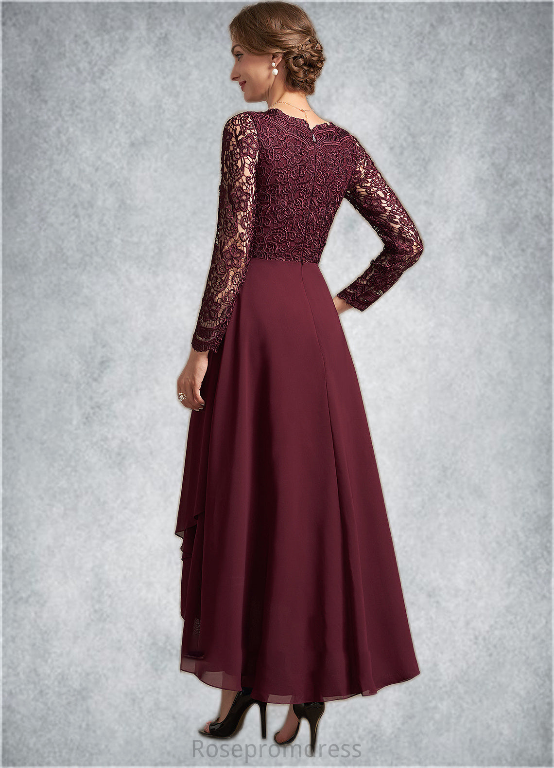 Nathalie A-line V-Neck Asymmetrical Chiffon Lace Mother of the Bride Dress SRS126P0014640