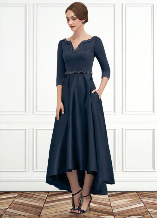 Delilah A-Line V-neck Asymmetrical Satin Mother of the Bride Dress With Beading Sequins Pockets SRS126P0014641