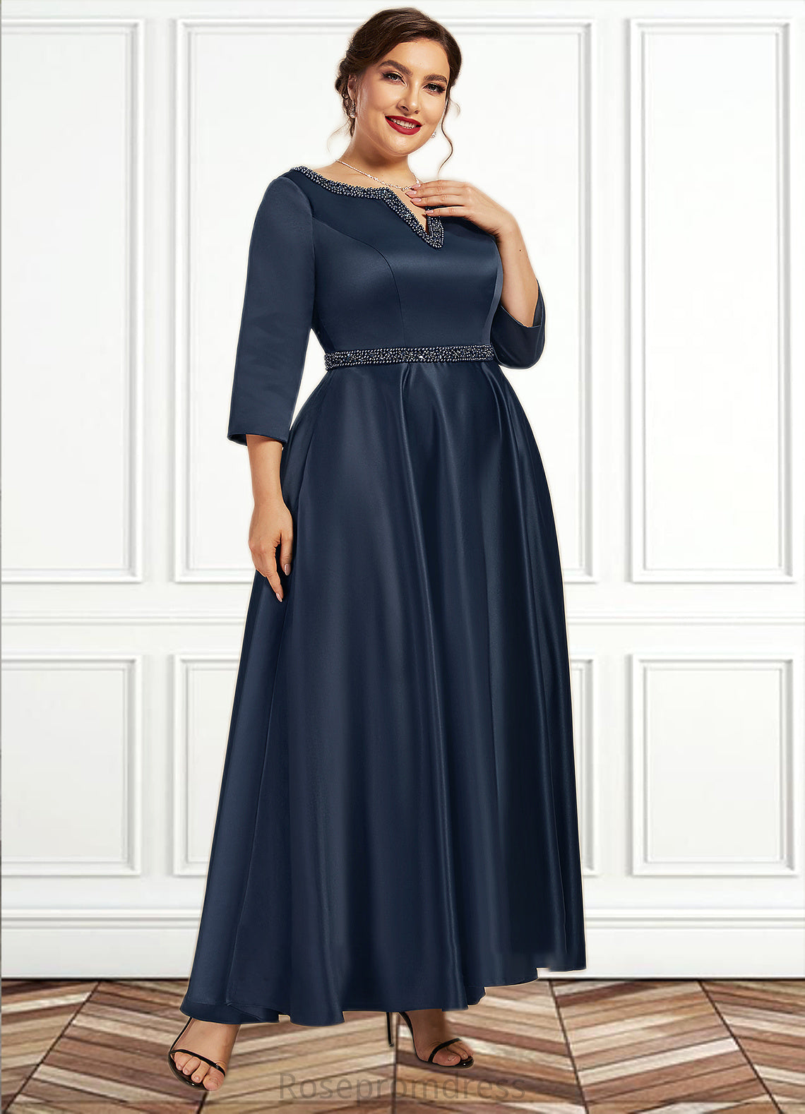 Delilah A-Line V-neck Asymmetrical Satin Mother of the Bride Dress With Beading Sequins Pockets SRS126P0014641