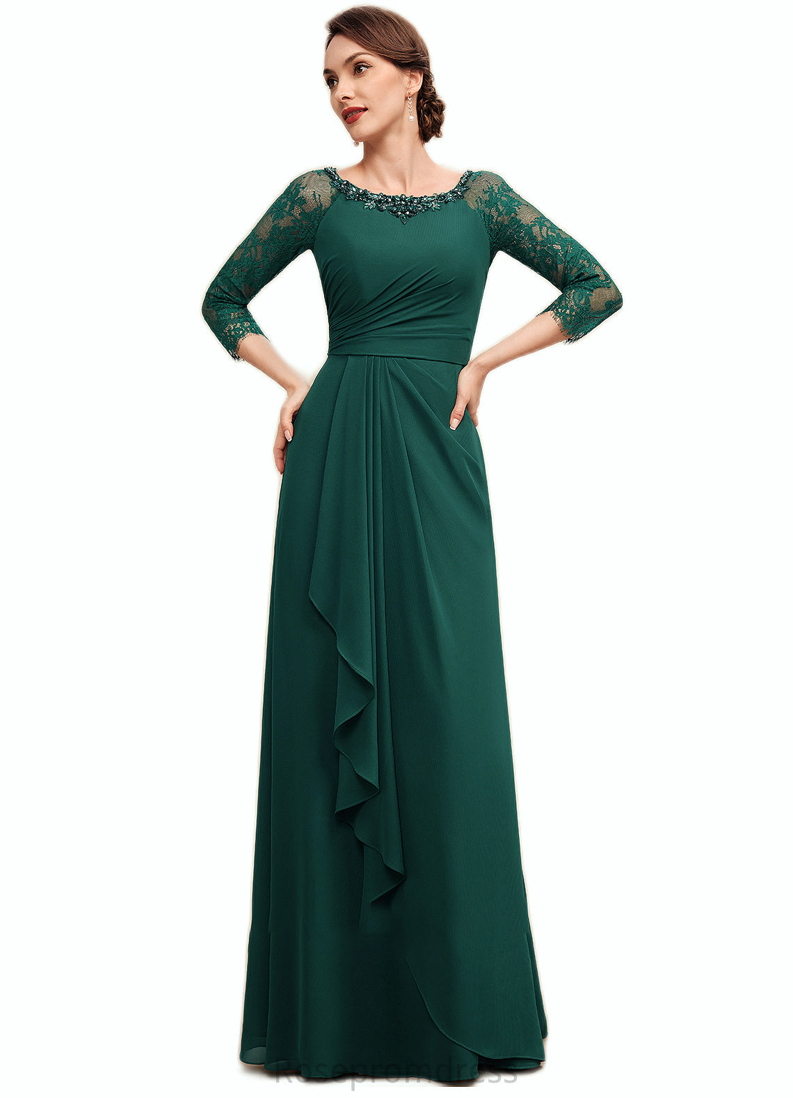 Jan A-Line Scoop Neck Floor-Length Chiffon Lace Mother of the Bride Dress With Beading Cascading Ruffles SRS126P0014643