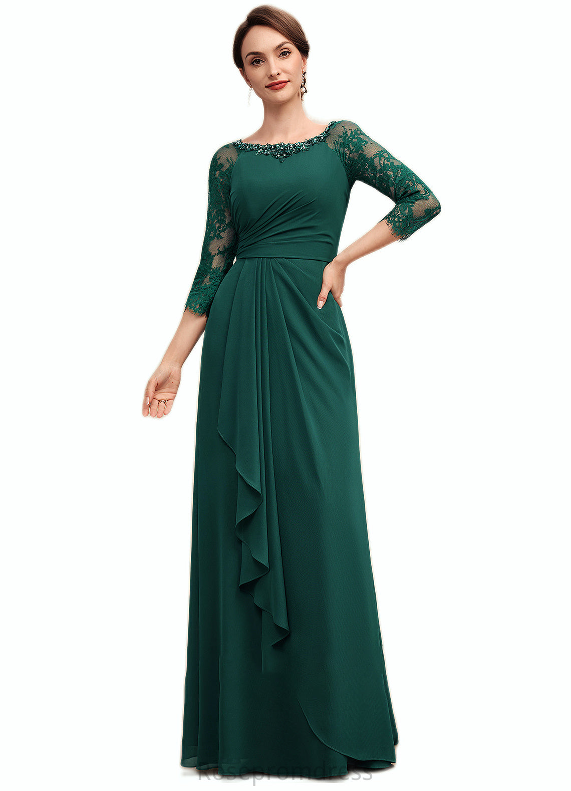 Jan A-Line Scoop Neck Floor-Length Chiffon Lace Mother of the Bride Dress With Beading Cascading Ruffles SRS126P0014643