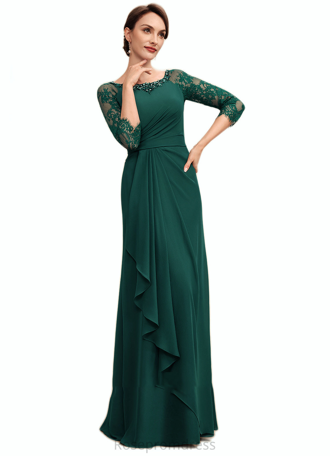 Jan A-Line Scoop Neck Floor-Length Chiffon Lace Mother of the Bride Dress With Beading Cascading Ruffles SRS126P0014643