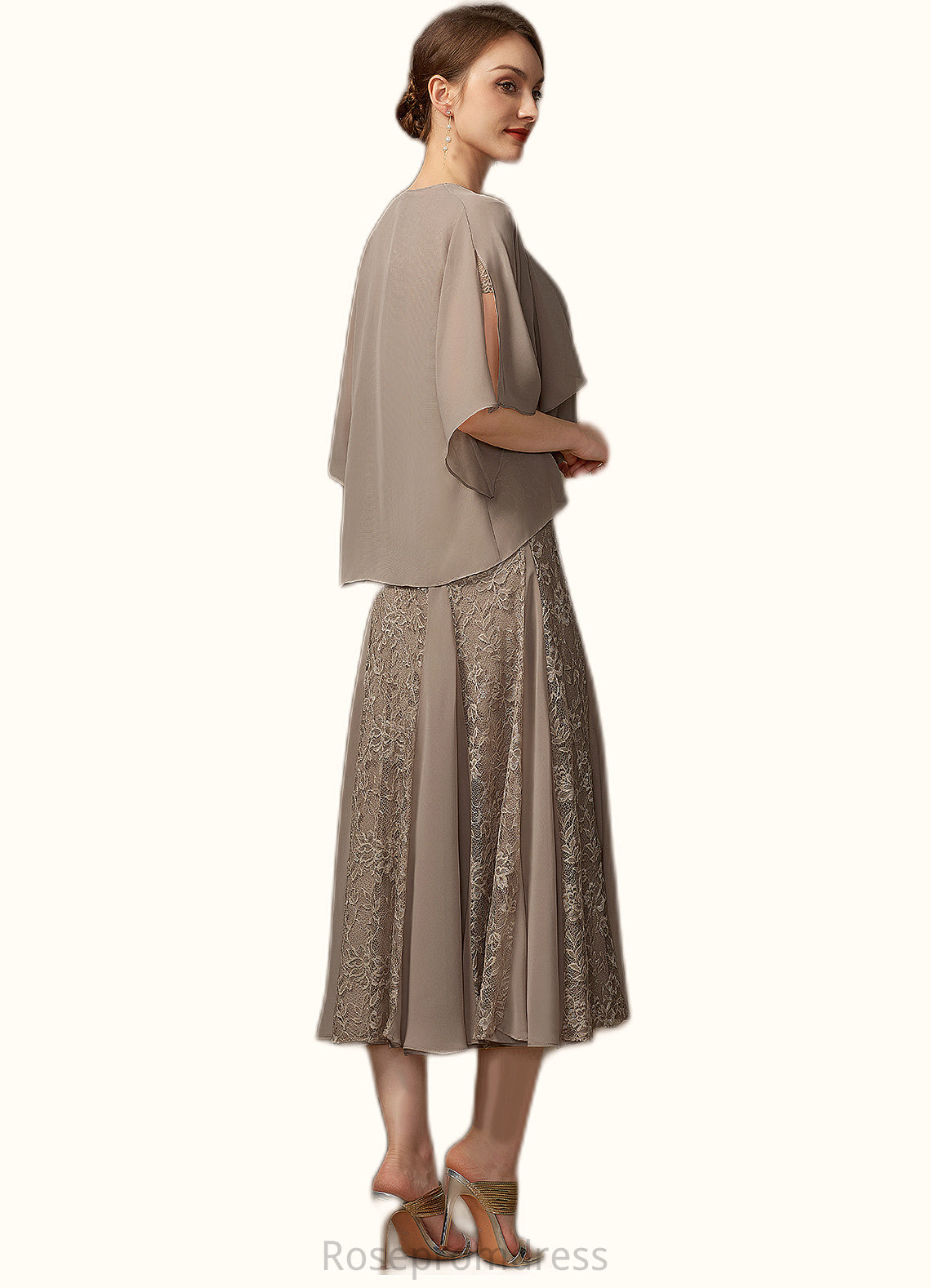 Kaydence A-line V-Neck Tea-Length Chiffon Lace Mother of the Bride Dress SRS126P0014644