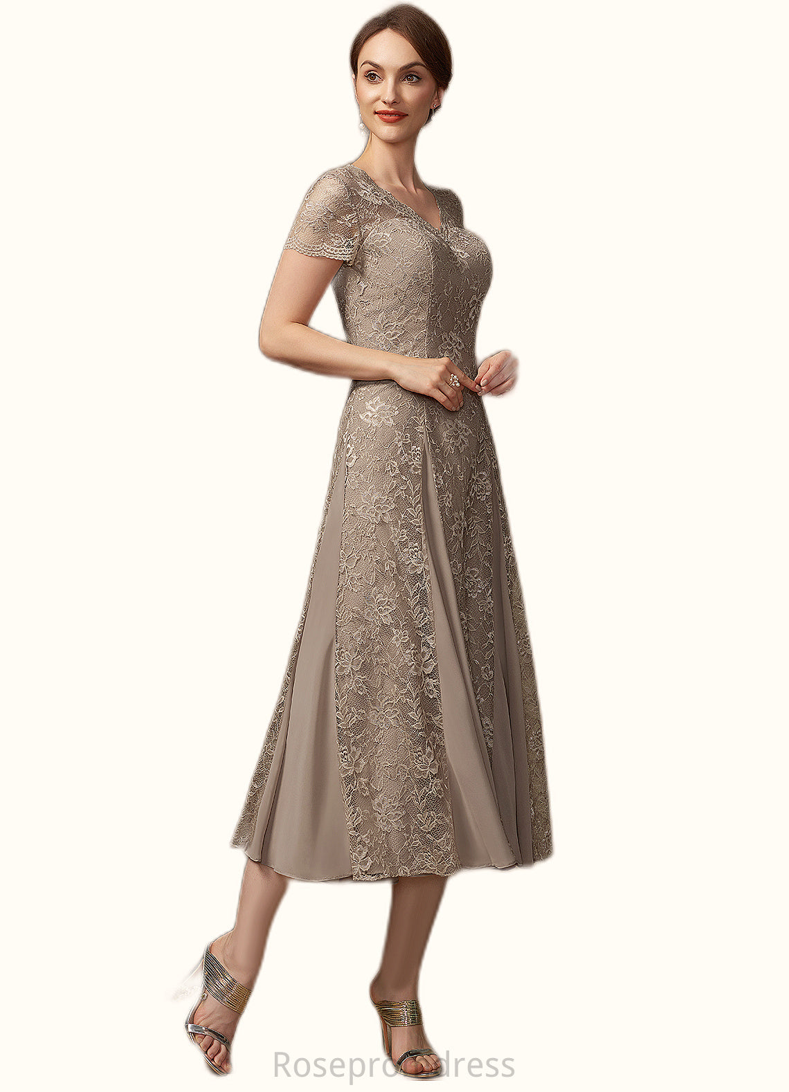 Kaydence A-line V-Neck Tea-Length Chiffon Lace Mother of the Bride Dress SRS126P0014644