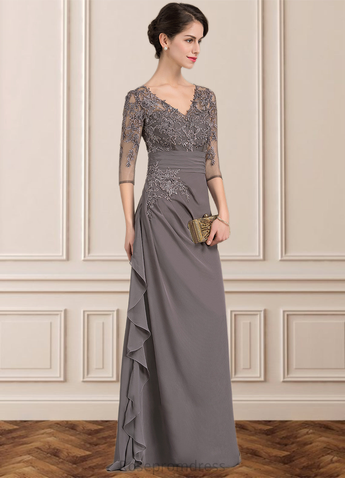 Maribel A-line V-Neck Floor-Length Chiffon Lace Mother of the Bride Dress With Cascading Ruffles SRS126P0014645