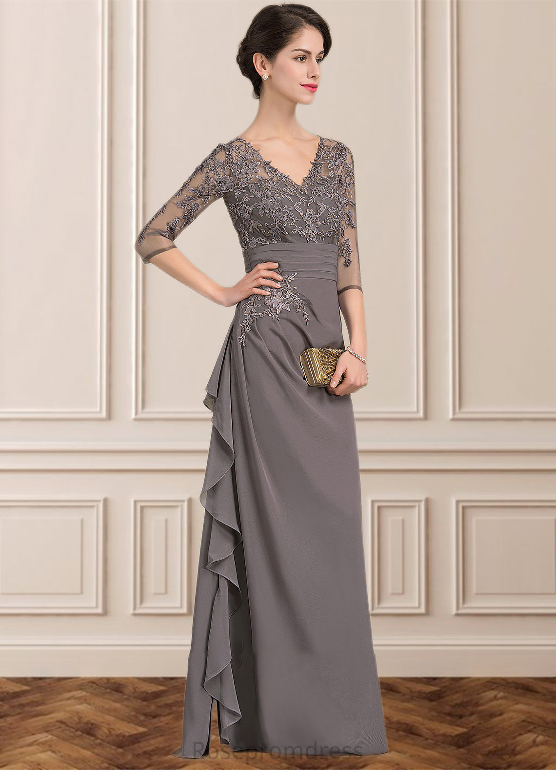 Maribel A-line V-Neck Floor-Length Chiffon Lace Mother of the Bride Dress With Cascading Ruffles SRS126P0014645