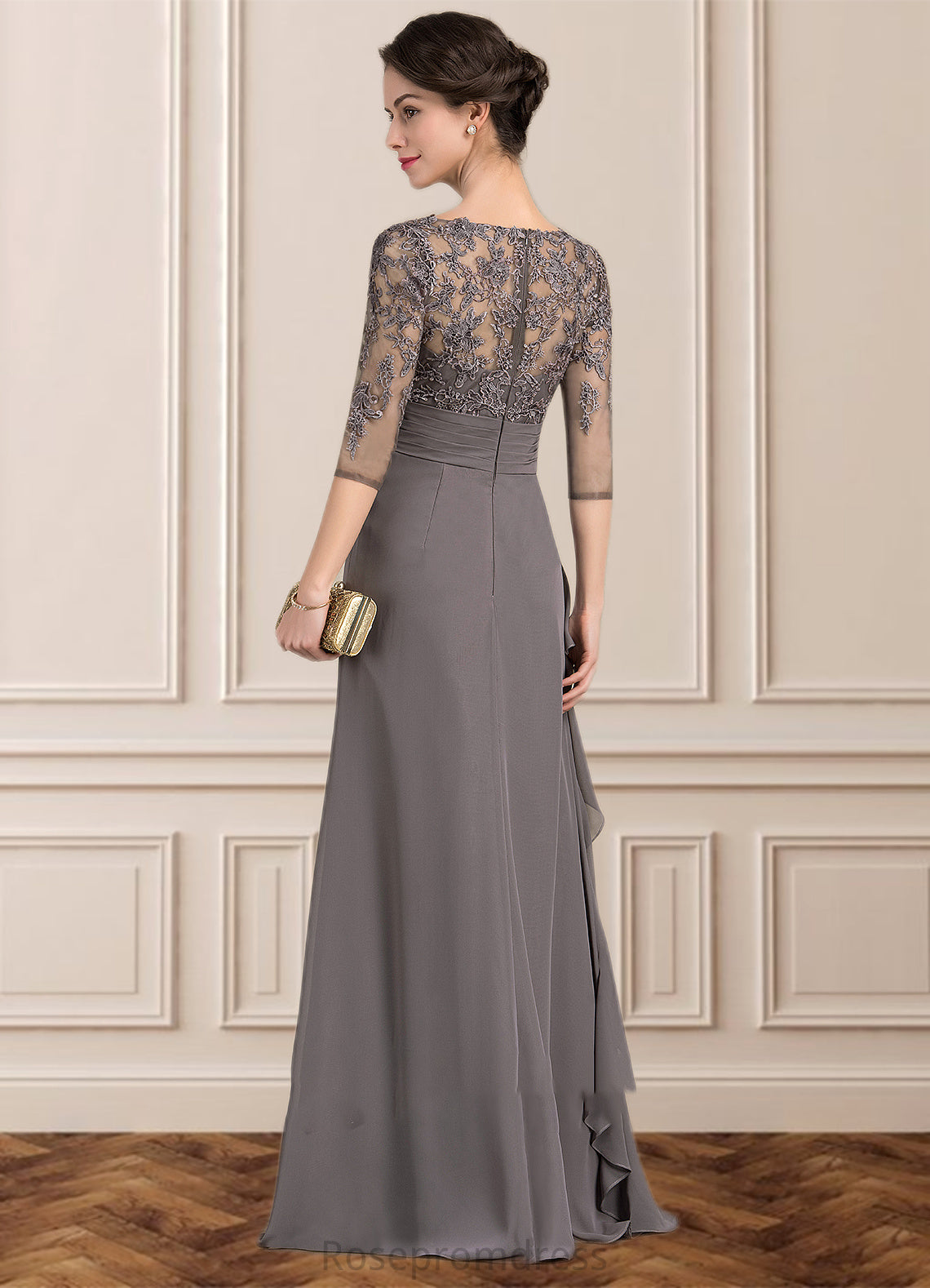 Maribel A-line V-Neck Floor-Length Chiffon Lace Mother of the Bride Dress With Cascading Ruffles SRS126P0014645
