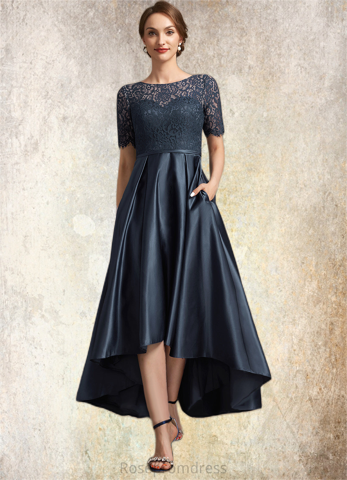 Taylor A-Line Scoop Neck Asymmetrical Satin Lace Mother of the Bride Dress SRS126P0014647