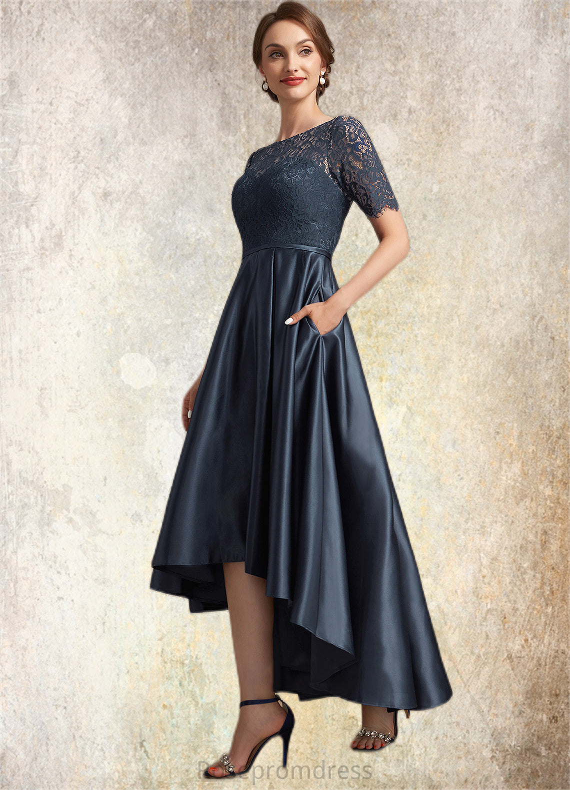 Taylor A-Line Scoop Neck Asymmetrical Satin Lace Mother of the Bride Dress SRS126P0014647