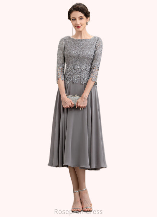 Clara A-Line Scoop Neck Tea-Length Chiffon Lace Mother of the Bride Dress SRS126P0014648