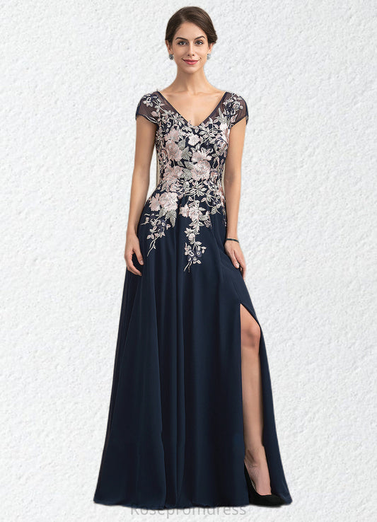 Anastasia A-Line V-neck Floor-Length Chiffon Lace Mother of the Bride Dress With Split Front SRS126P0014649
