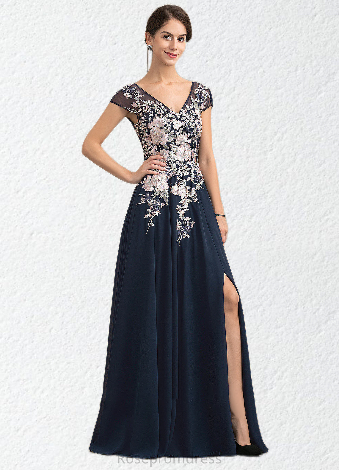 Anastasia A-Line V-neck Floor-Length Chiffon Lace Mother of the Bride Dress With Split Front SRS126P0014649