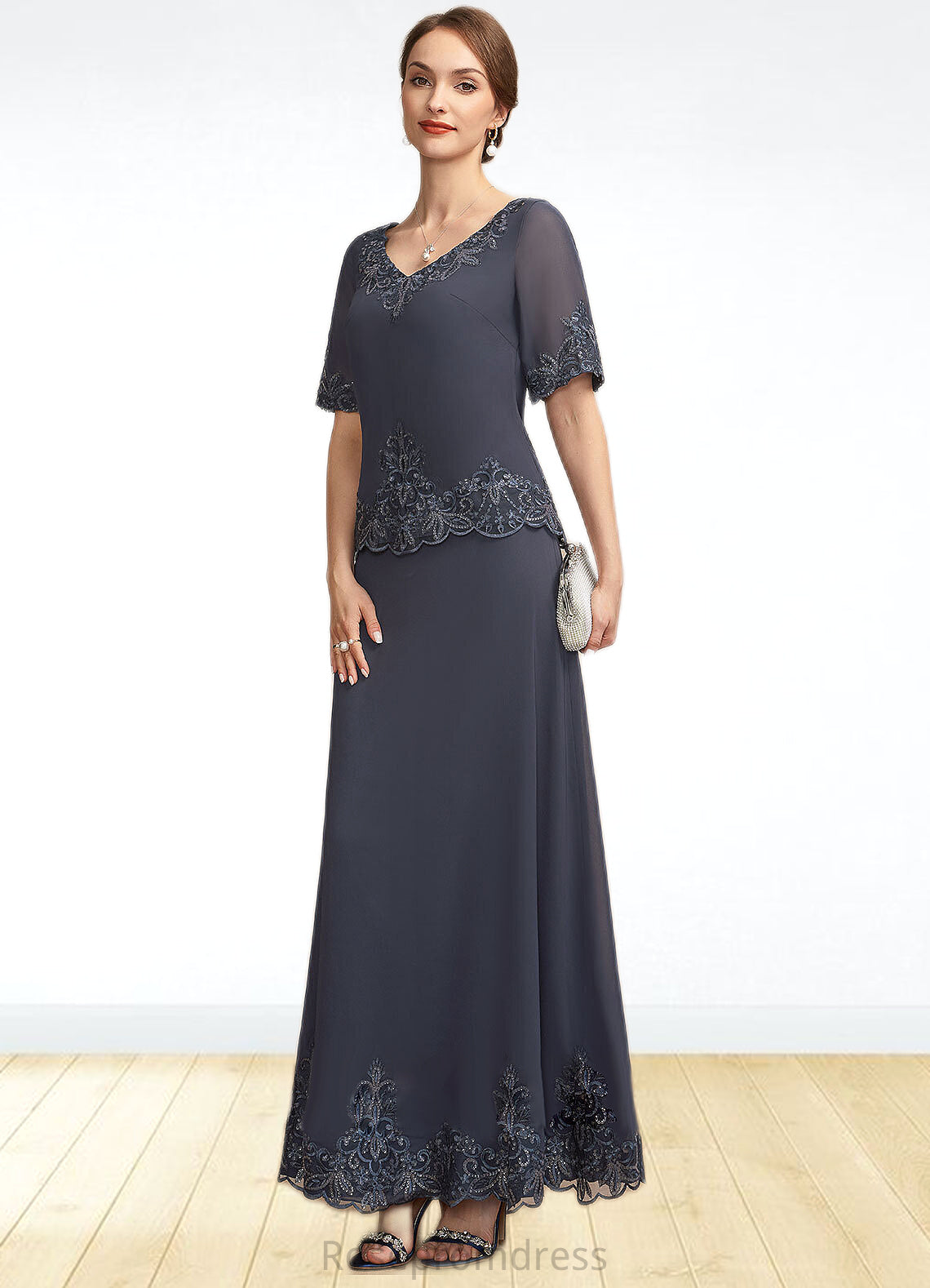 Lila A-Line V-neck Ankle-Length Chiffon Lace Mother of the Bride Dress With Sequins SRS126P0014650
