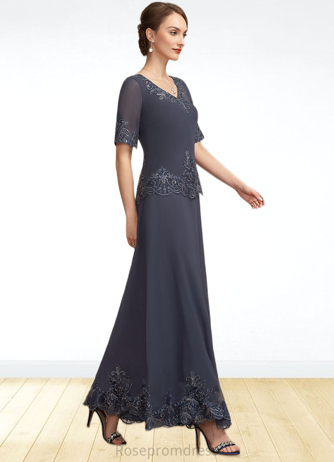 Lila A-Line V-neck Ankle-Length Chiffon Lace Mother of the Bride Dress With Sequins SRS126P0014650