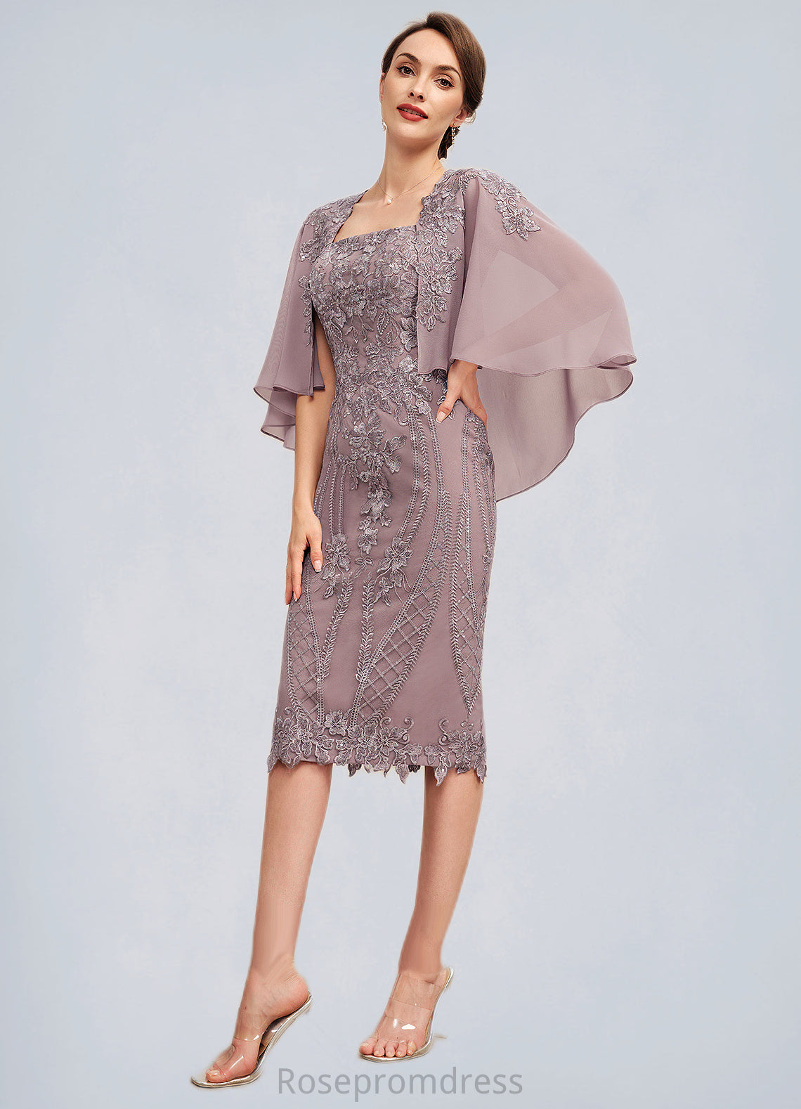 Natalie Sheath/Column Square Neckline Knee-Length Chiffon Lace Mother of the Bride Dress With Sequins SRS126P0014653