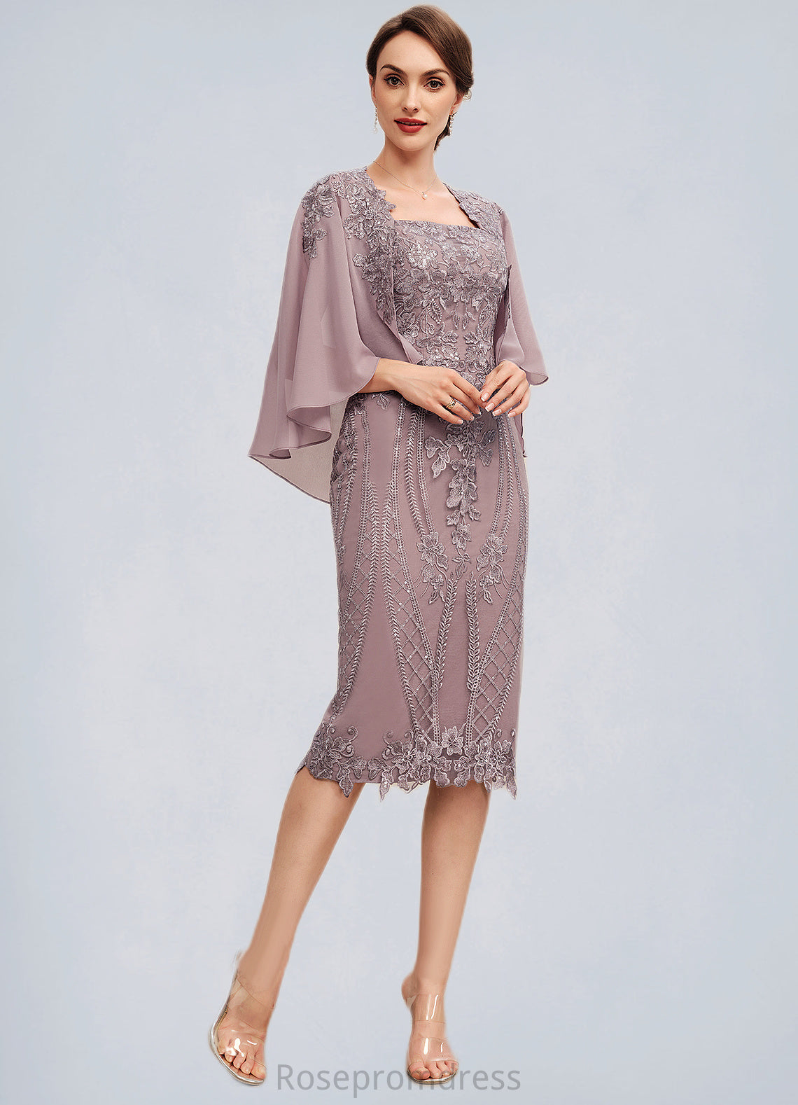 Natalie Sheath/Column Square Neckline Knee-Length Chiffon Lace Mother of the Bride Dress With Sequins SRS126P0014653
