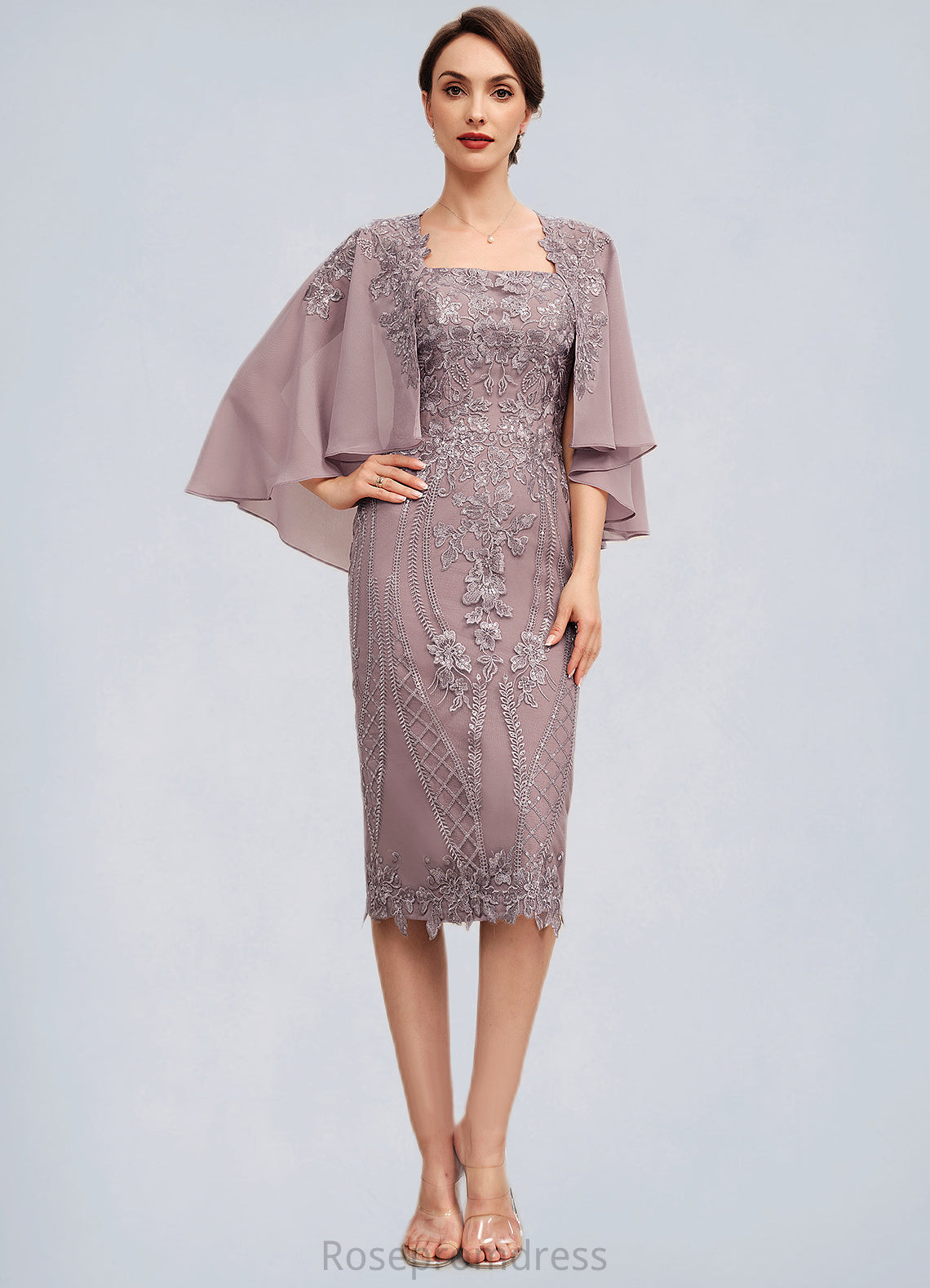 Natalie Sheath/Column Square Neckline Knee-Length Chiffon Lace Mother of the Bride Dress With Sequins SRS126P0014653