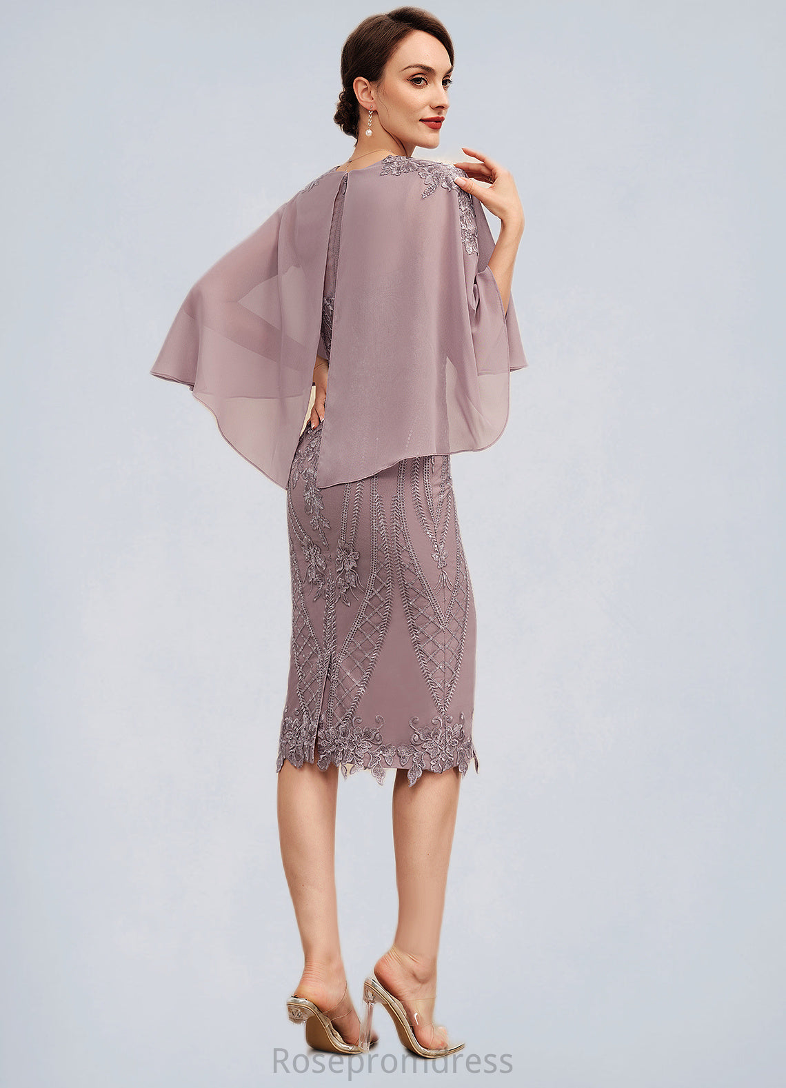 Natalie Sheath/Column Square Neckline Knee-Length Chiffon Lace Mother of the Bride Dress With Sequins SRS126P0014653