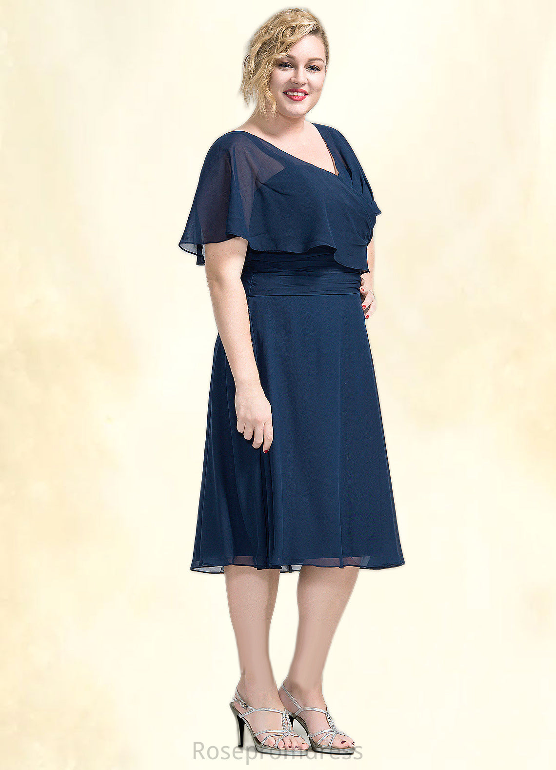 Janelle A-Line V-neck Knee-Length Chiffon Mother of the Bride Dress With Ruffle SRS126P0014664