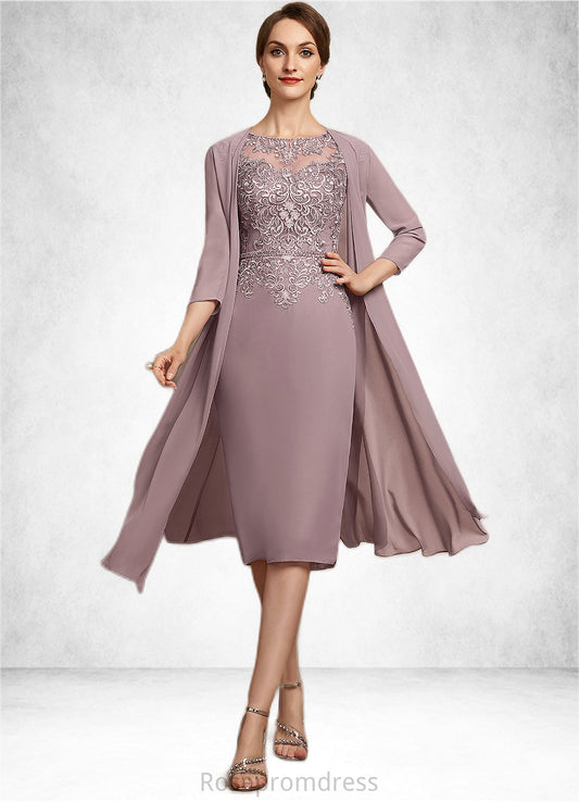 Ellie Sheath/Column Scoop Neck Knee-Length Chiffon Lace Mother of the Bride Dress With Beading Sequins SRS126P0014666