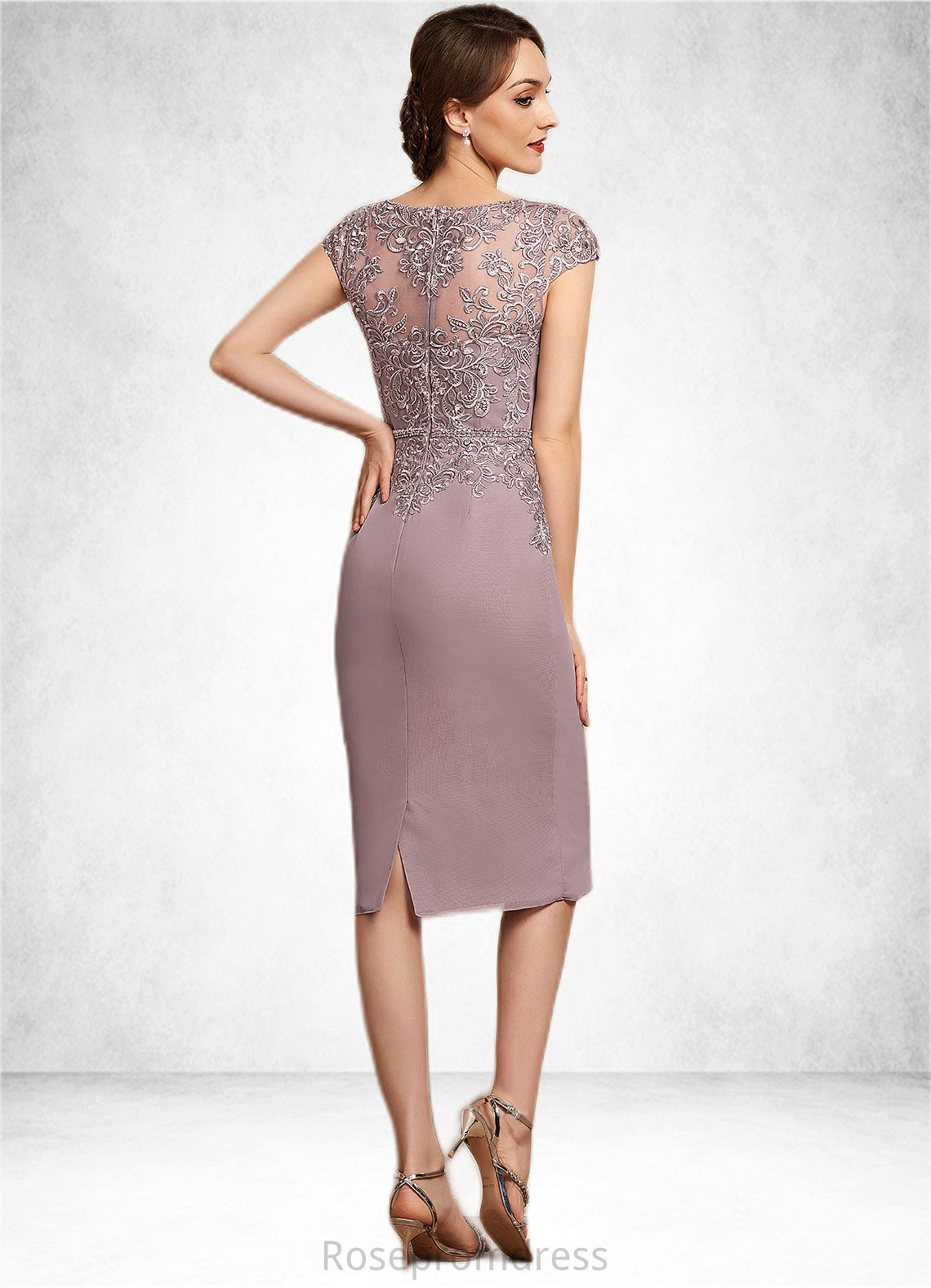 Ellie Sheath/Column Scoop Neck Knee-Length Chiffon Lace Mother of the Bride Dress With Beading Sequins SRS126P0014666
