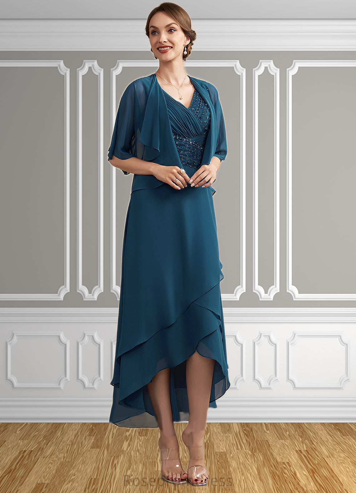Gabriella A-Line V-neck Asymmetrical Chiffon Mother of the Bride Dress With Ruffle Beading Sequins SRS126P0014671