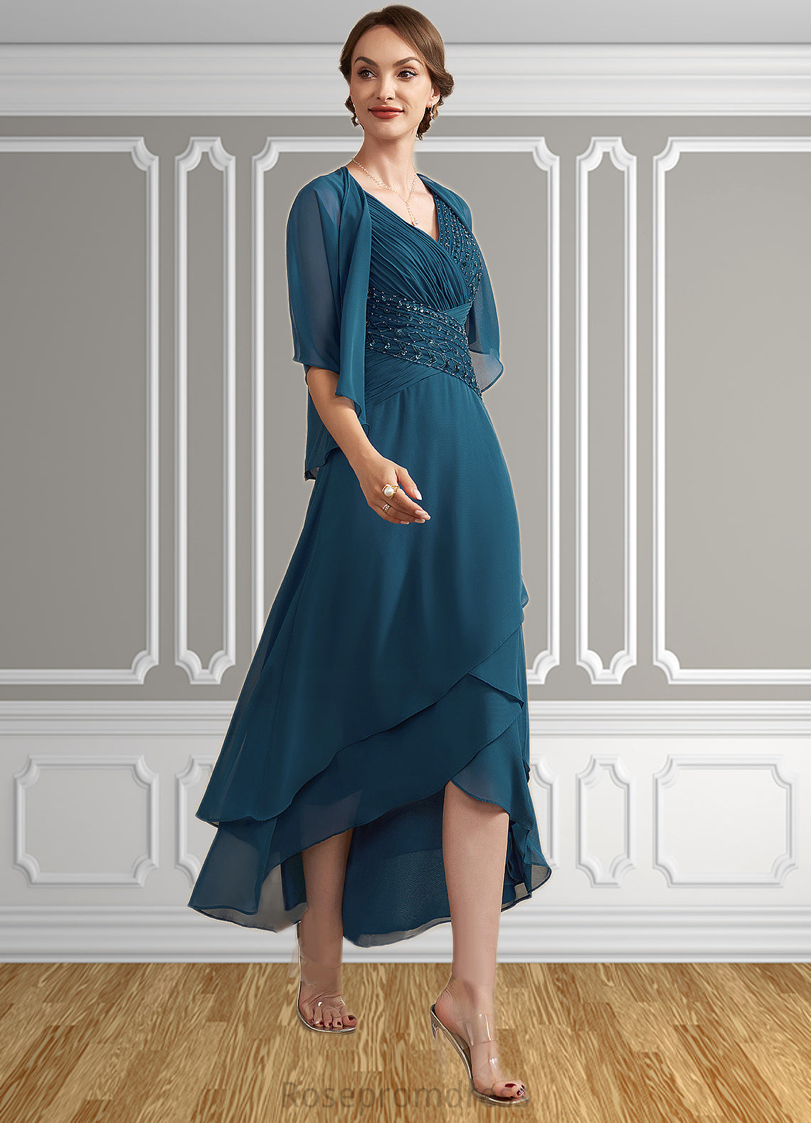 Gabriella A-Line V-neck Asymmetrical Chiffon Mother of the Bride Dress With Ruffle Beading Sequins SRS126P0014671