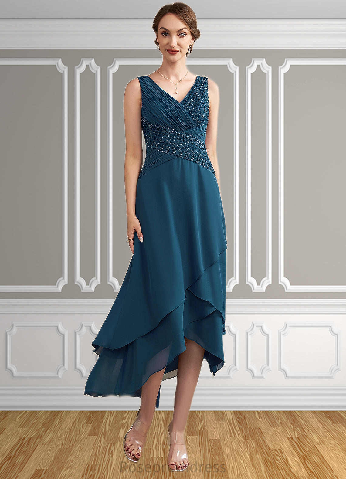 Gabriella A-Line V-neck Asymmetrical Chiffon Mother of the Bride Dress With Ruffle Beading Sequins SRS126P0014671