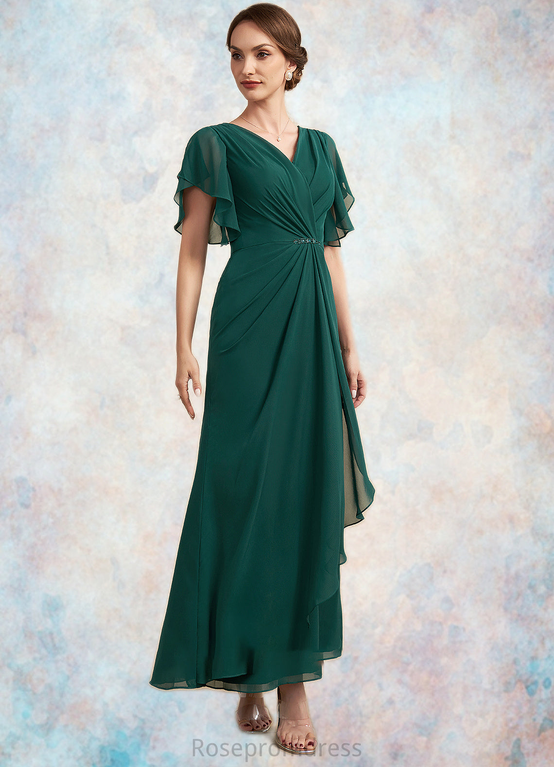 Sarah A-Line V-neck Ankle-Length Chiffon Mother of the Bride Dress With Ruffle Beading Sequins SRS126P0014672