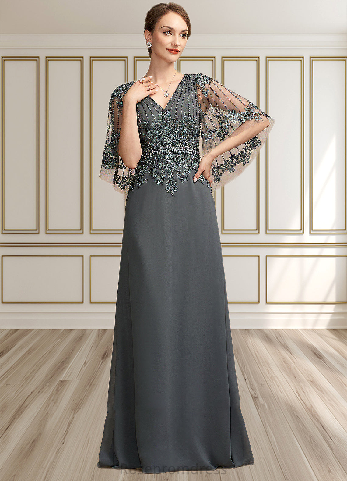 Aileen A-Line V-neck Floor-Length Chiffon Lace Mother of the Bride Dress With Beading Sequins SRS126P0014674