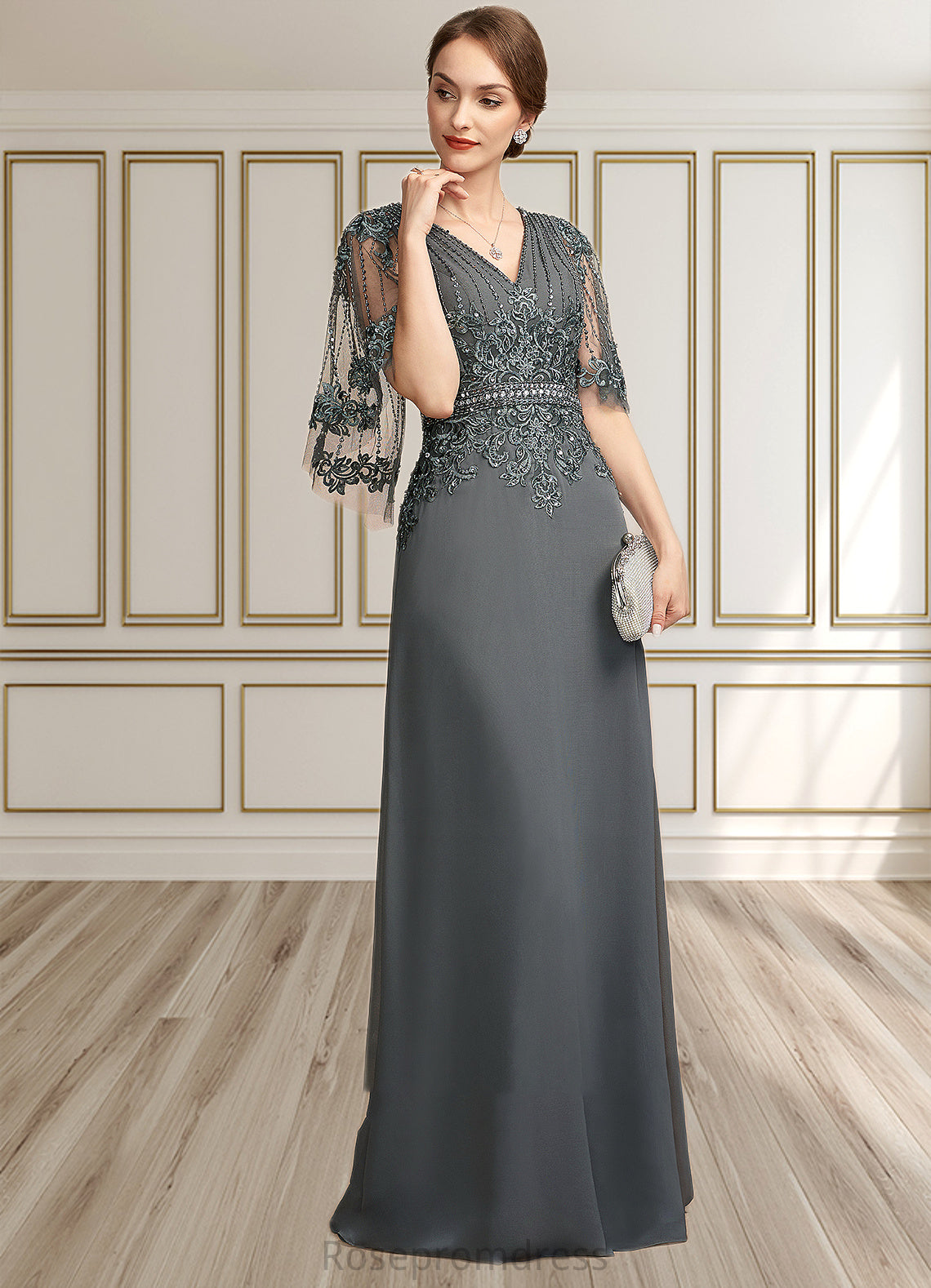 Aileen A-Line V-neck Floor-Length Chiffon Lace Mother of the Bride Dress With Beading Sequins SRS126P0014674