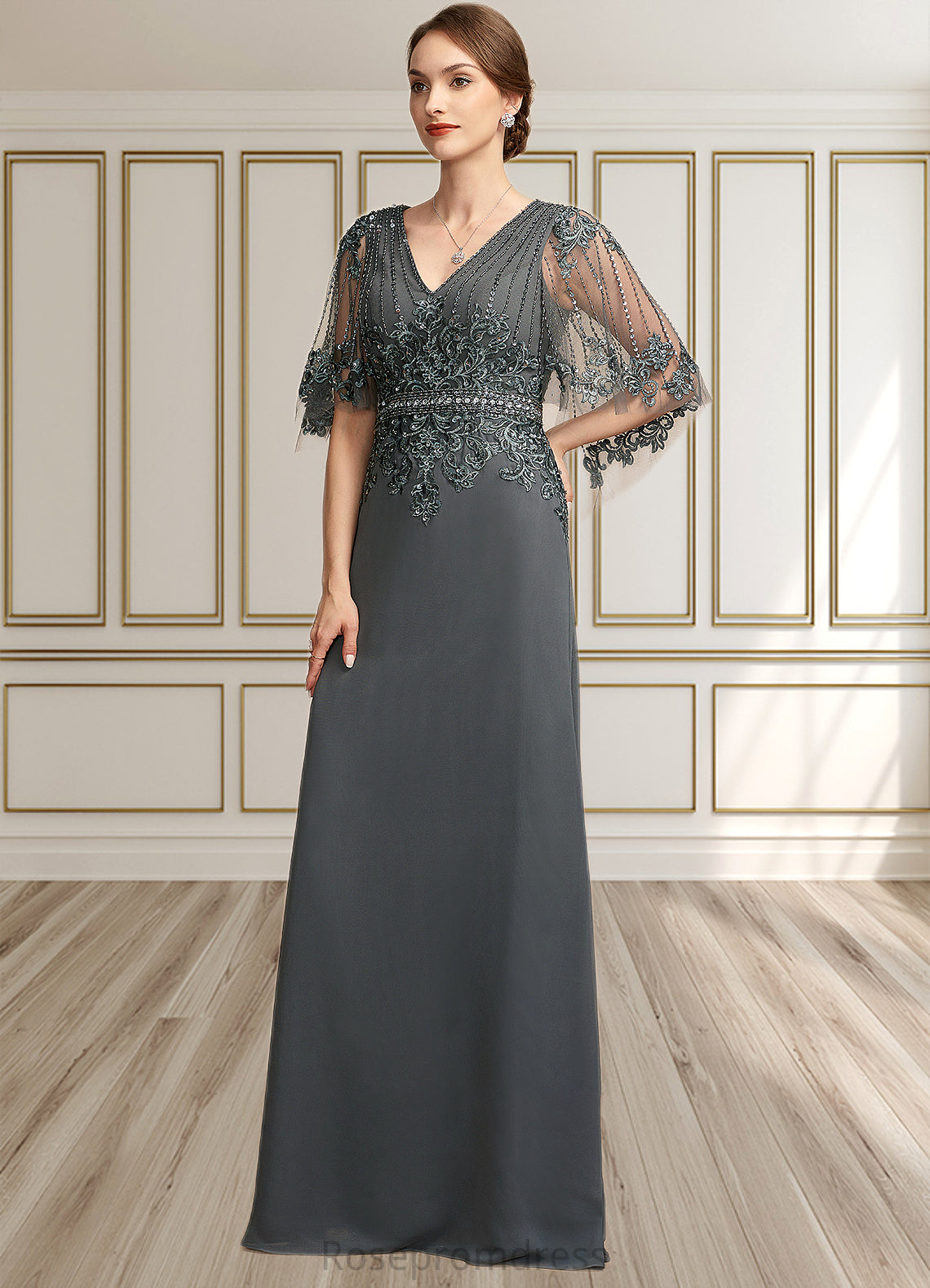 Aileen A-Line V-neck Floor-Length Chiffon Lace Mother of the Bride Dress With Beading Sequins SRS126P0014674