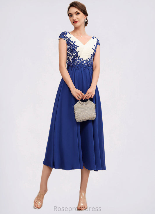 Patsy A-Line V-neck Tea-Length Chiffon Mother of the Bride Dress With Ruffle Lace SRS126P0014677